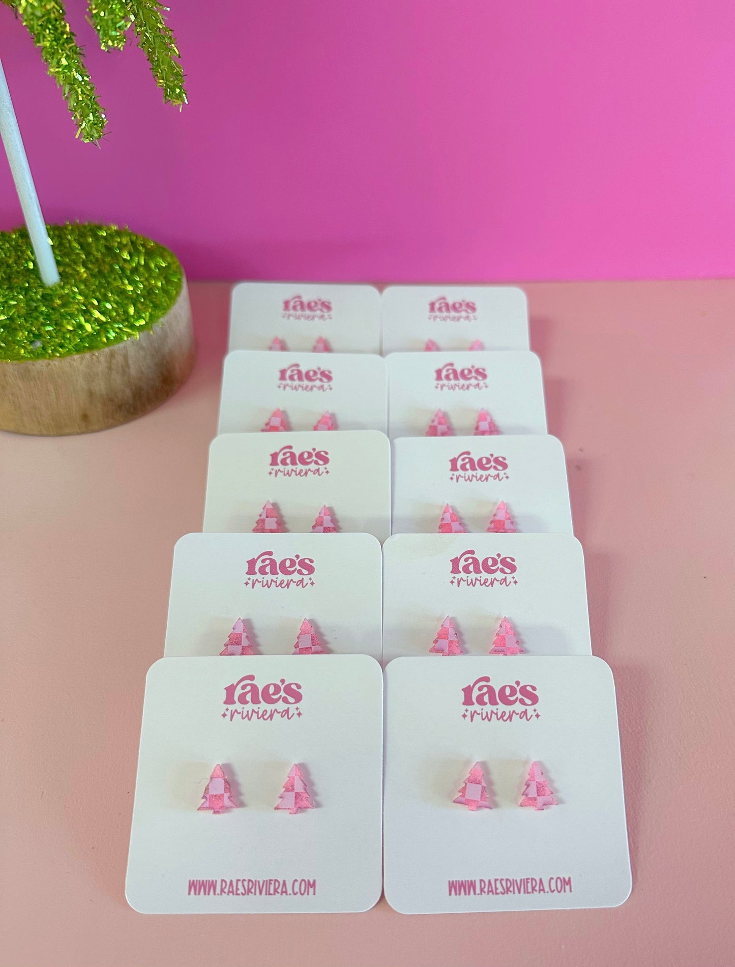 WS Pink Checkered Christmas Tree Set of 10