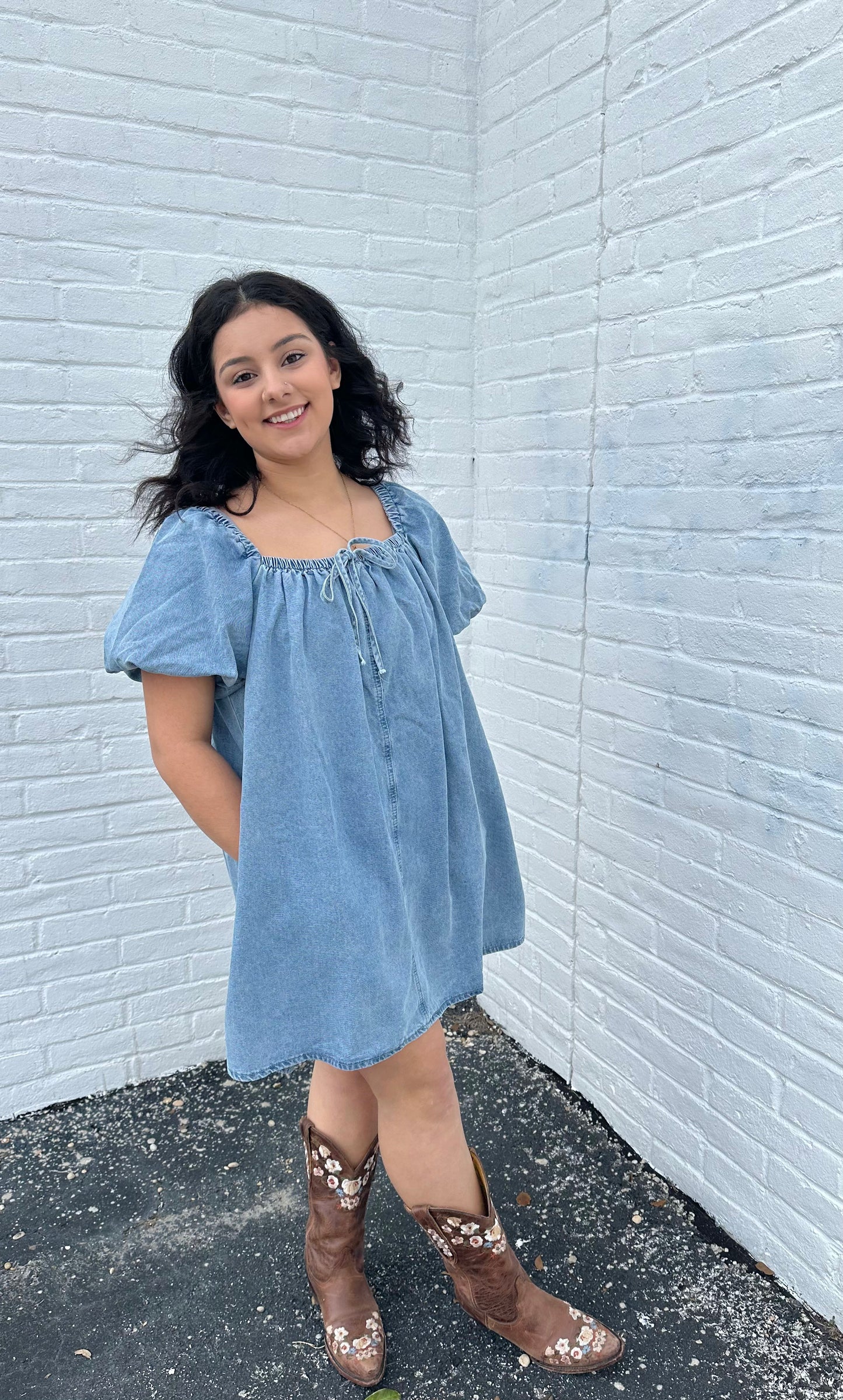 Trendy Denim Puff Sleeve Dress