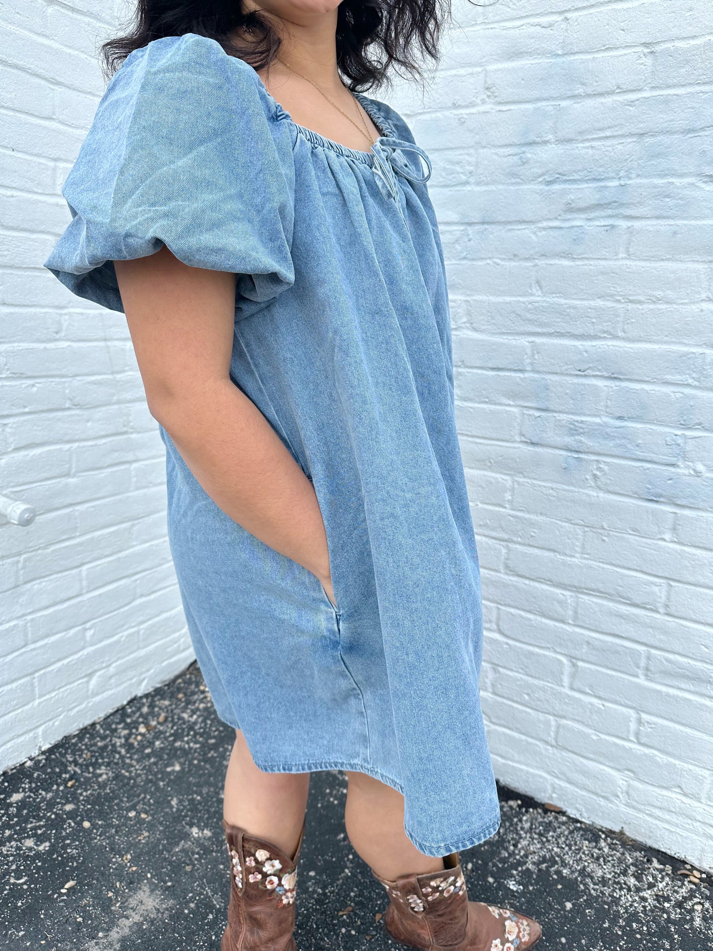 Trendy Denim Puff Sleeve Dress