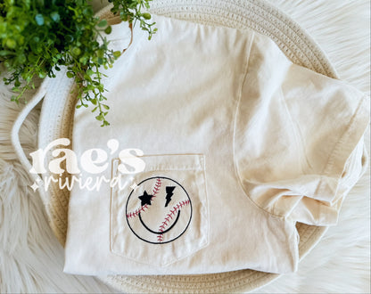 Baseball Smiley Embroidered Pocket Tee