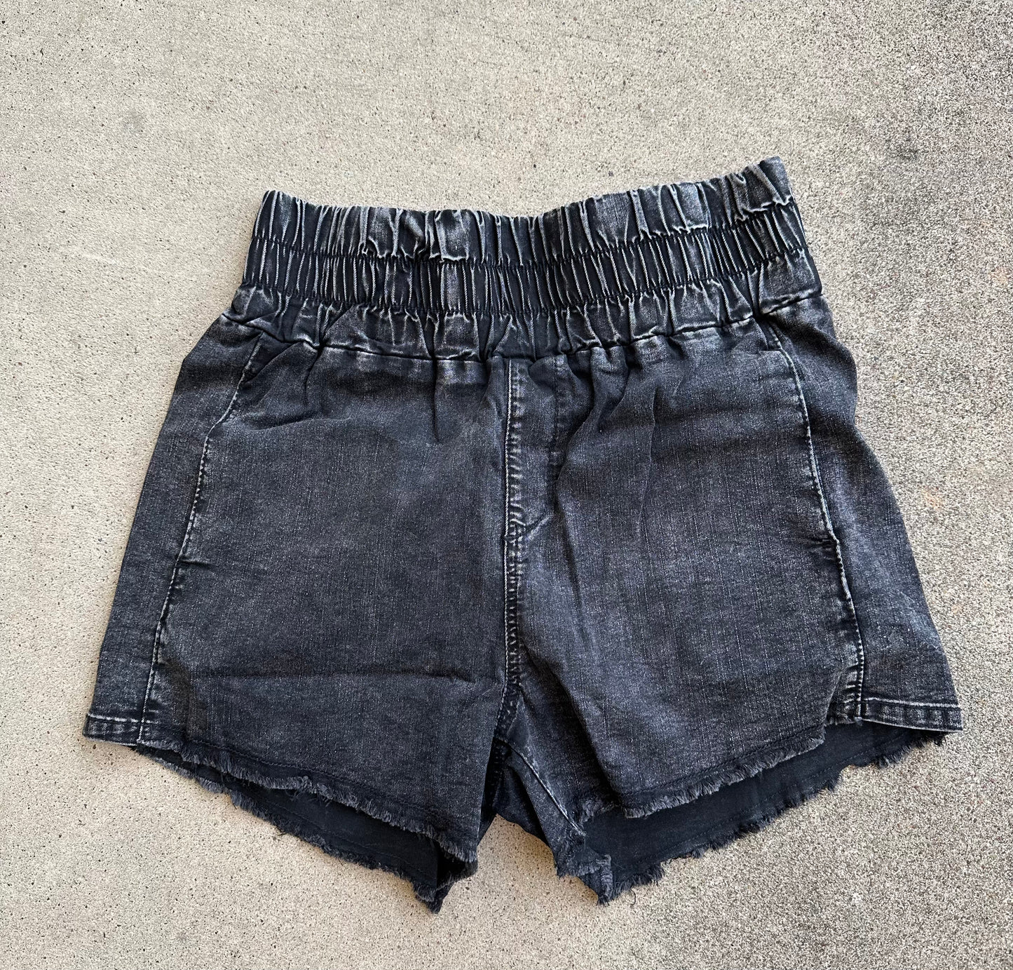 Smocked High Waist Mineral Wash Shorts