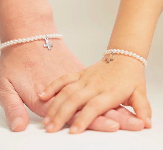 Cross Charm Pearl Beaded Bracelet Adult + Kids