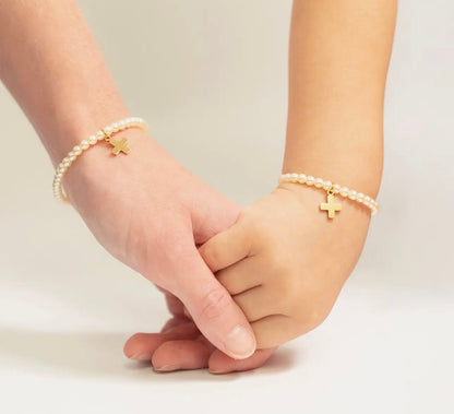 Cross Charm Pearl Beaded Bracelet Adult + Kids